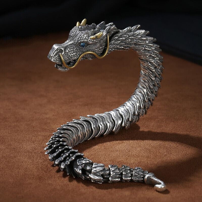 Men Vintage Dragon Viking Stainless Steel Scale Chain Wrist Cuff Bangle Bracelet