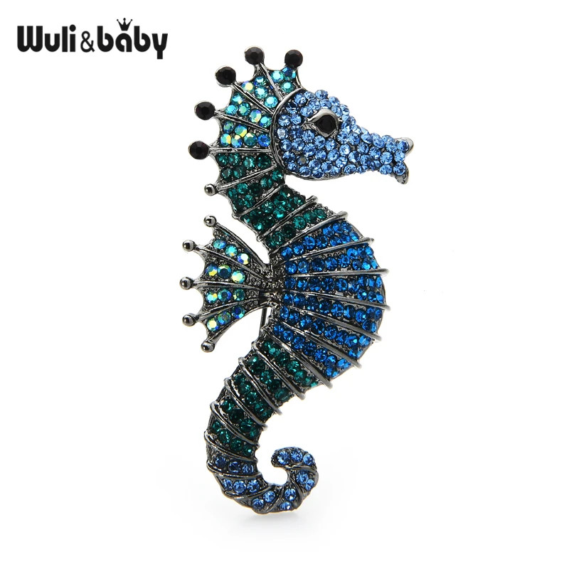 Sparkling Blue Seahorse Brooch Rhinestone Crystal Ocean Pin Summer Jewelry Gift