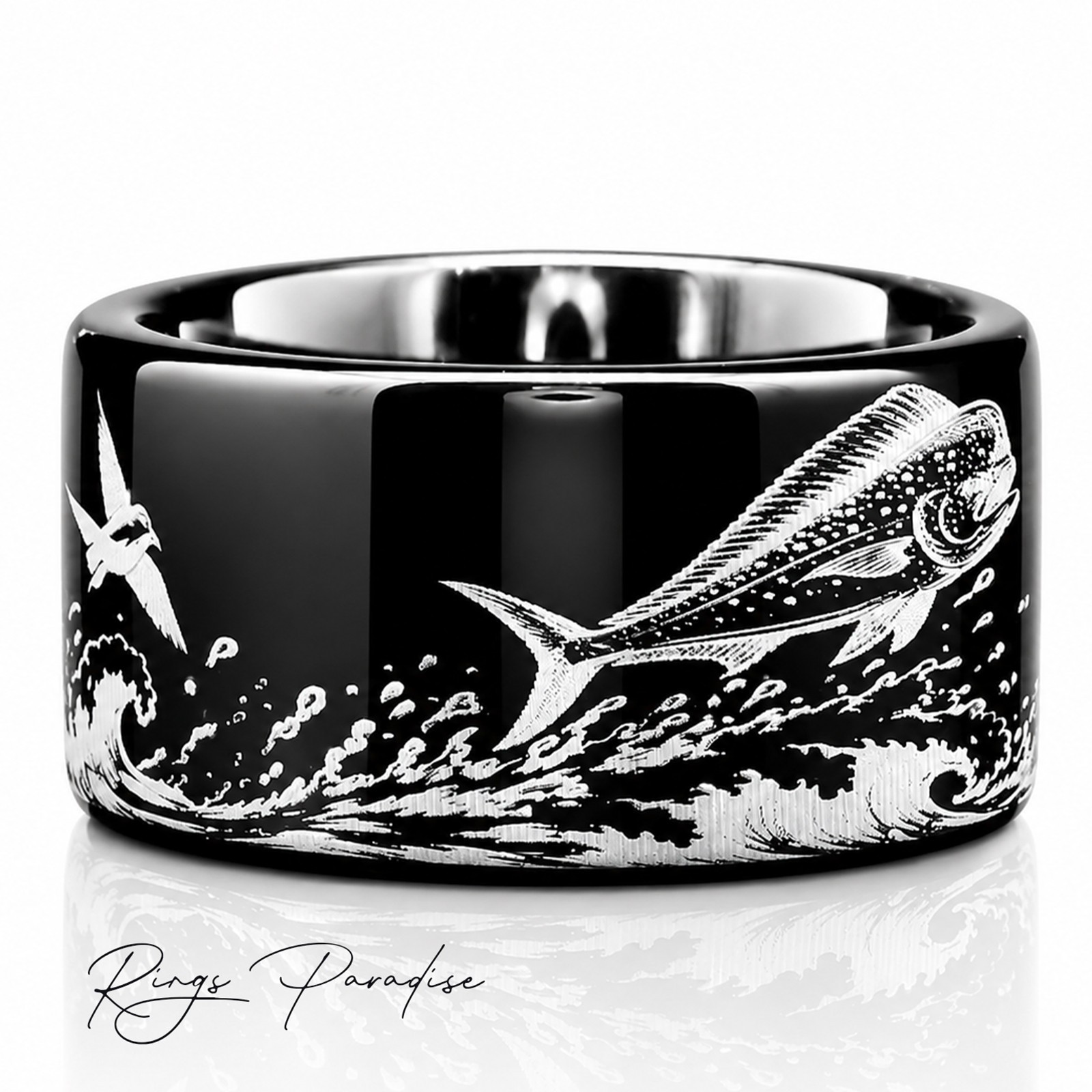 Mahi Mahi Ring | Black Tungsten Wedding Band Fishing Ring – 8mm,10mm,12mm