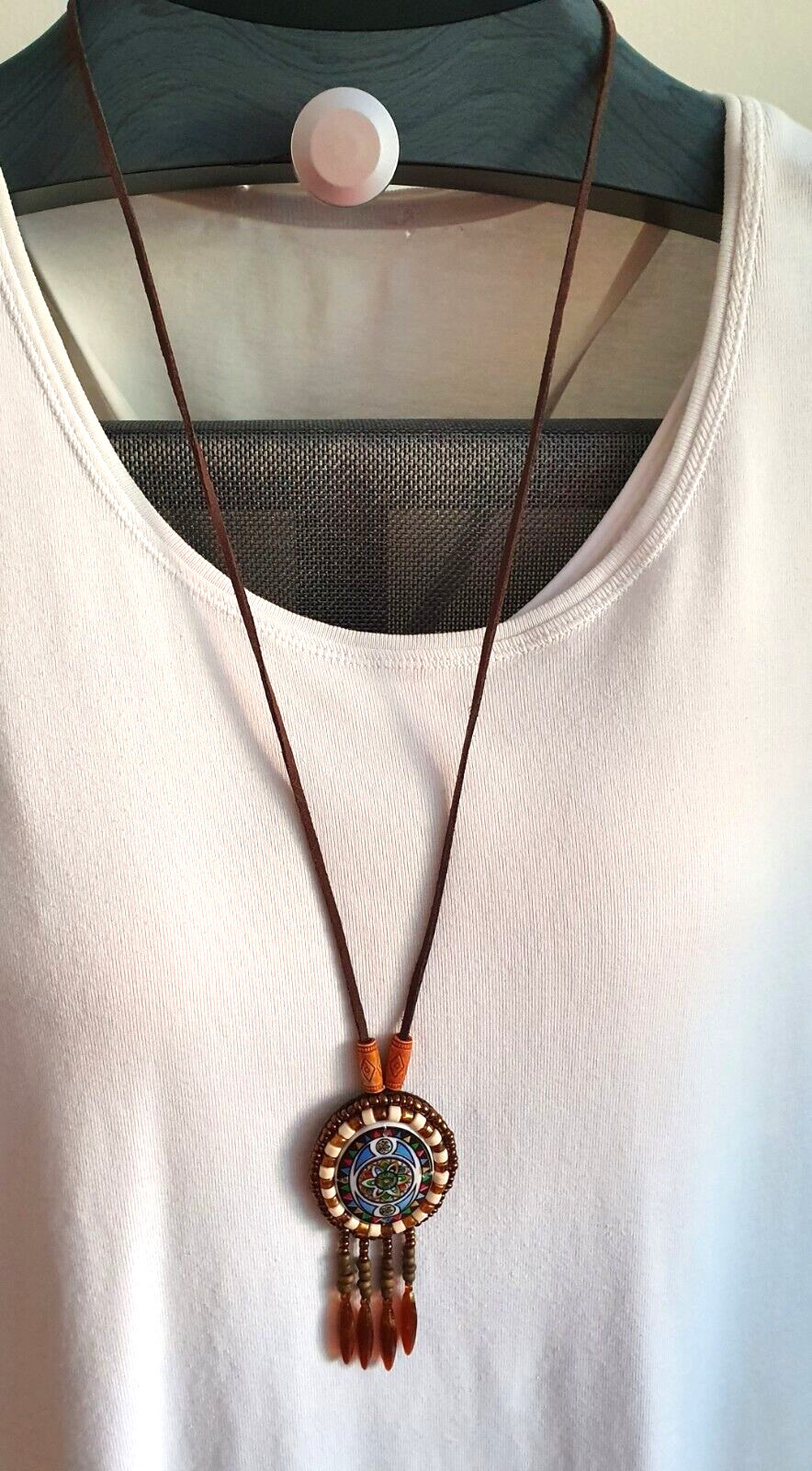 Artisan Mandala Beaded Oval Tassel Leather backed Pendant suede cord Metal Free