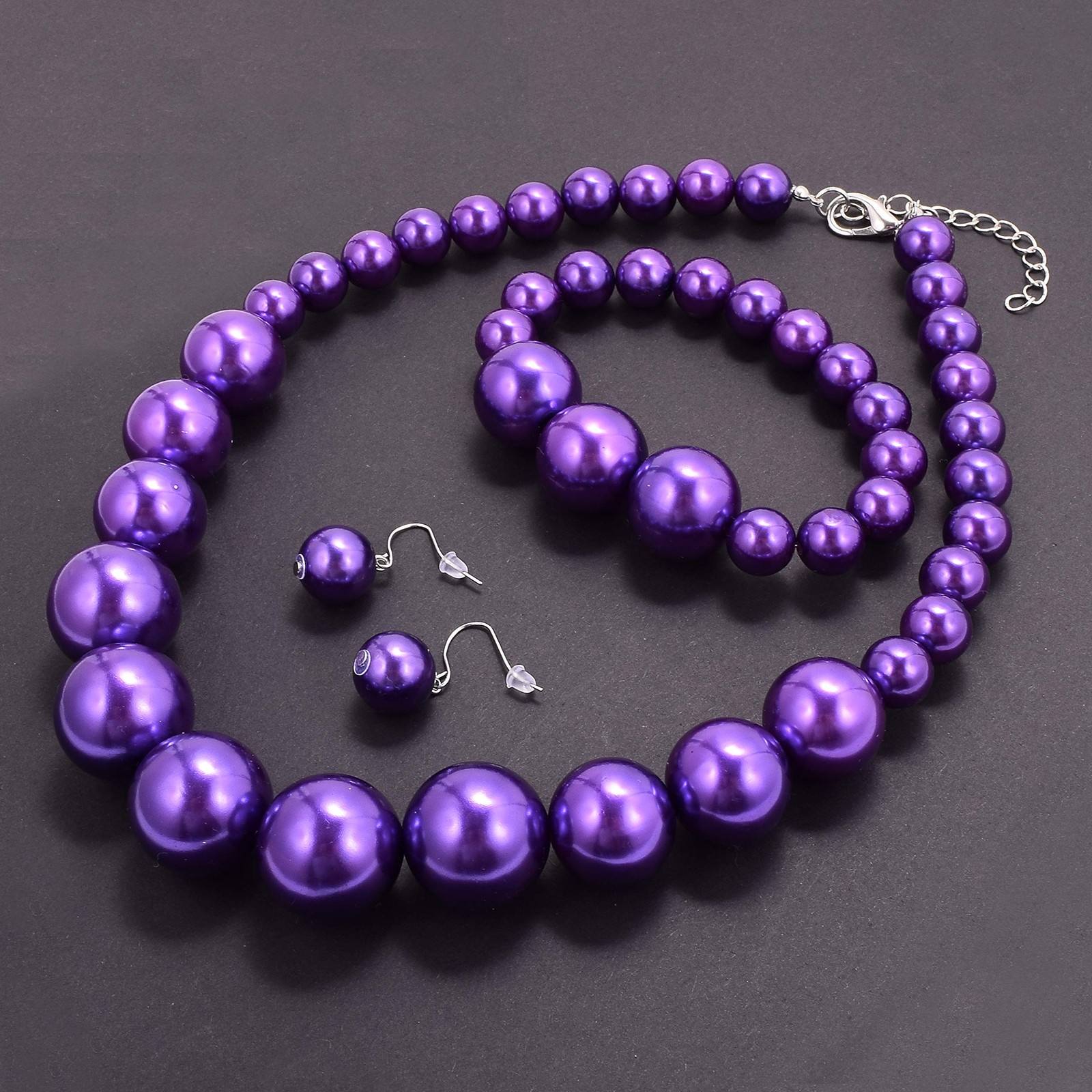 Women Big Faux Pearl Necklace Bracelet and Earrings Set Large Pearl Jewelry