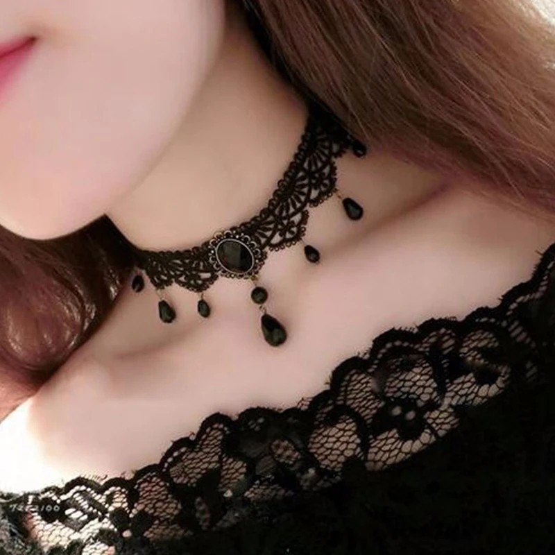 Gothic Black Lace Necklace Collar Choker Retro Vintage Chain, Vampire Halloween
