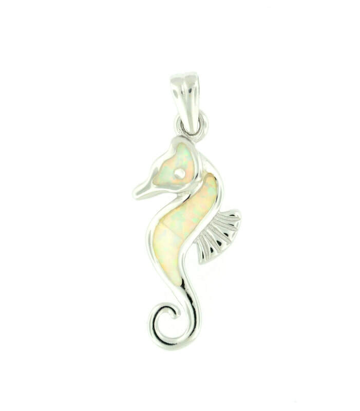 Sterling Silver Synthetic Opal Hawaiian Seahorse w/18″ Sterling Chain