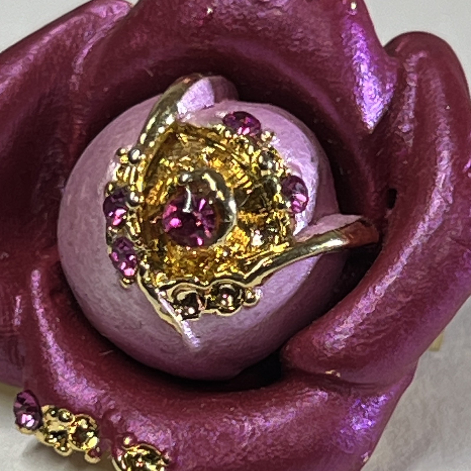 Purple Rose Flower Brooch Pin Gold Tone Metal with Pink Rhinestones 1 in