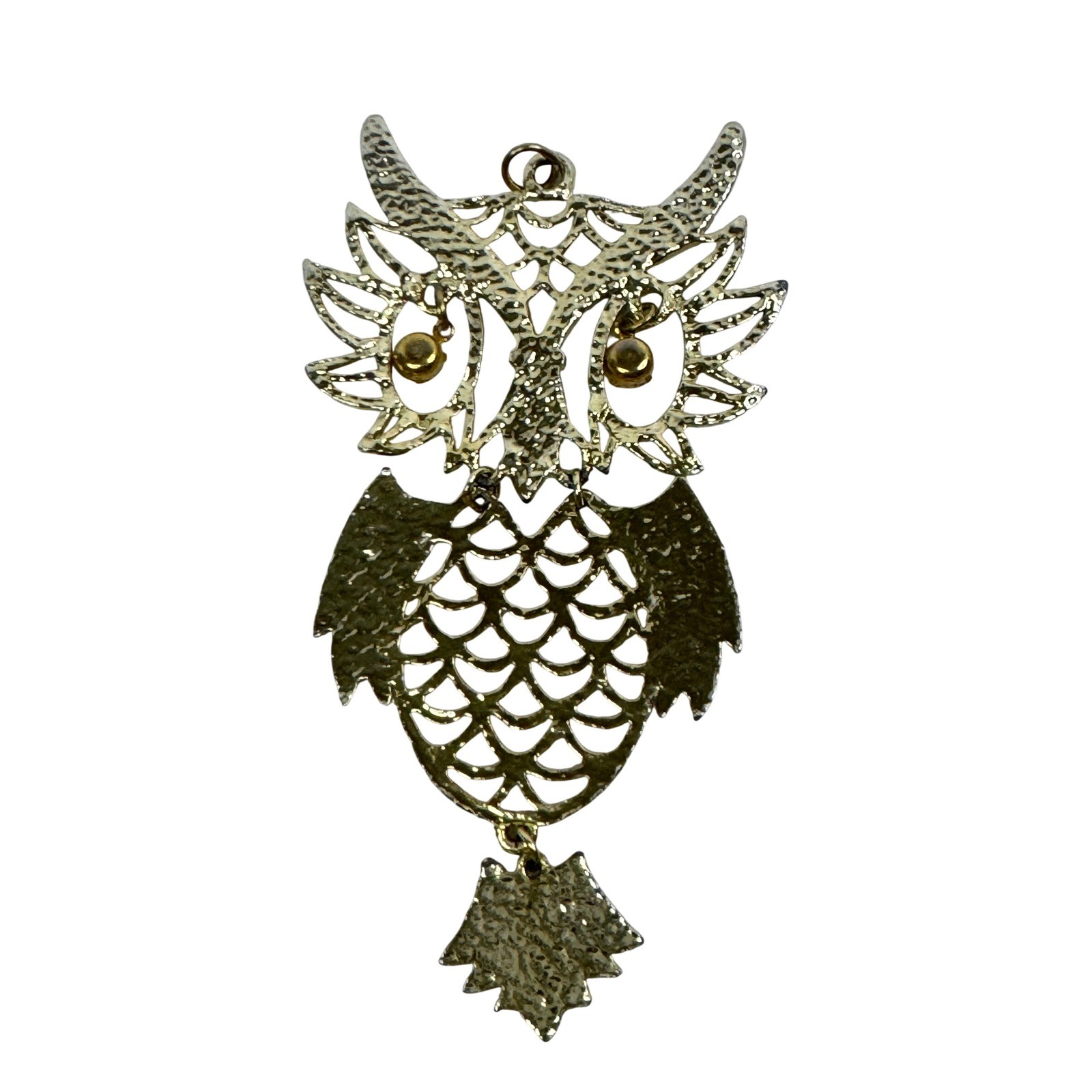 Gold Tone Articulated Owl Pendant Rhinestone Eyes Filigree Statement Bird Boho