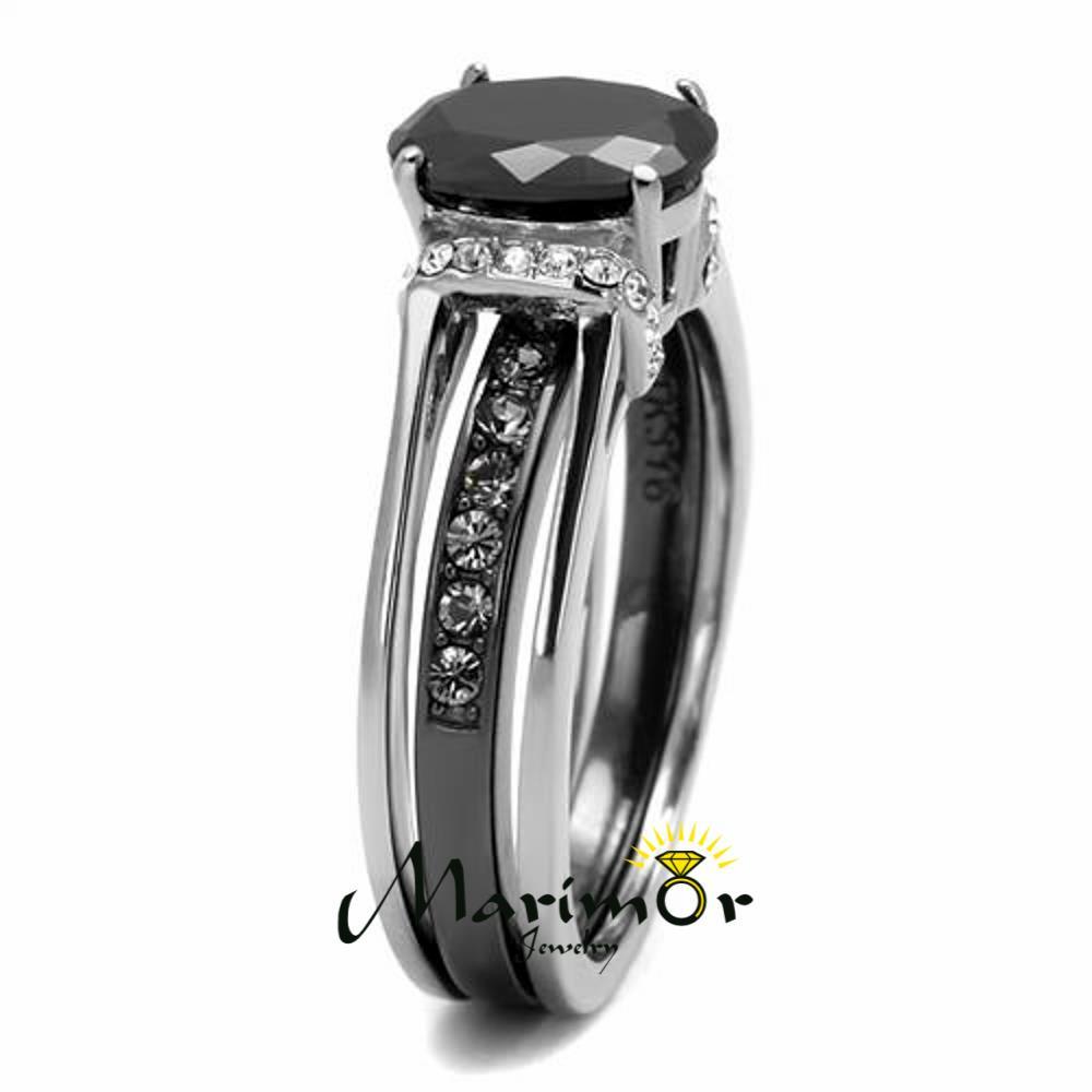 Stainless Steel 2.12 Ct Oval Cut Black Cz Two Toned Ion Plated Wedding Ring Set