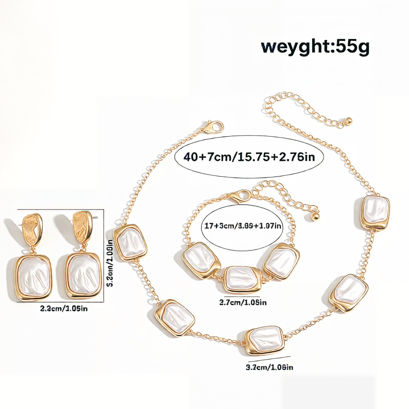 Gold Faux Pearl Jewelry Set Necklace Earrings Bracelet Wedding Bridal Gift