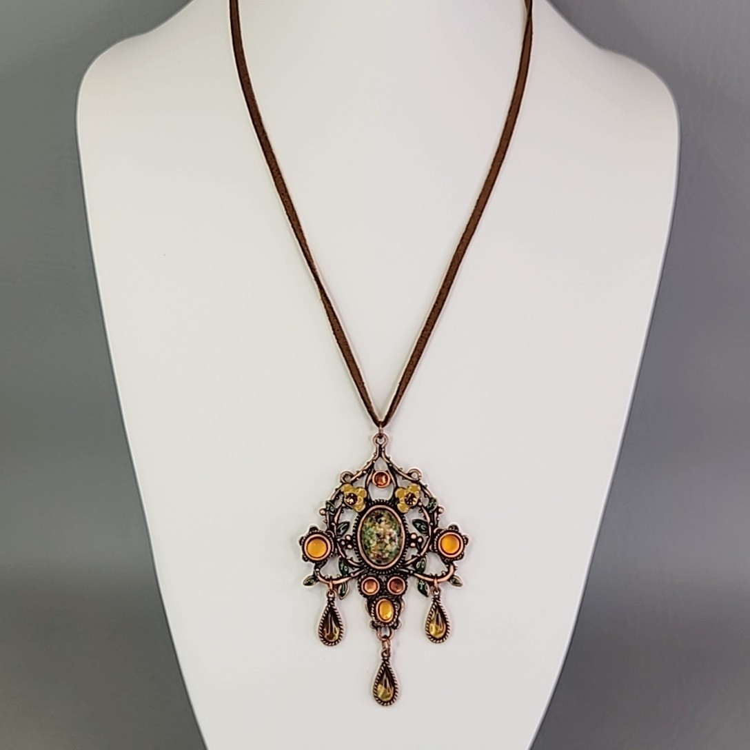 Art Nouveau Revival Pendant Necklace Speckled Oval Brown Suede Cord 20″