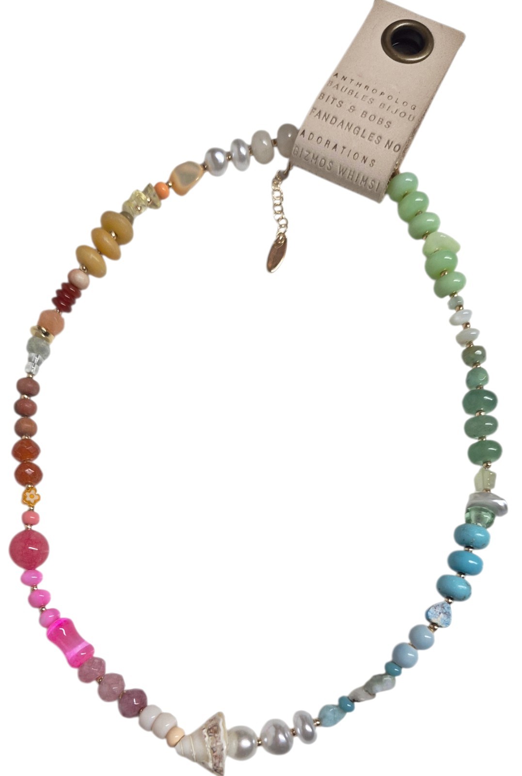Anthropologie Beaded Shell Charm Necklace Multi-Color Gold Plated Brass New