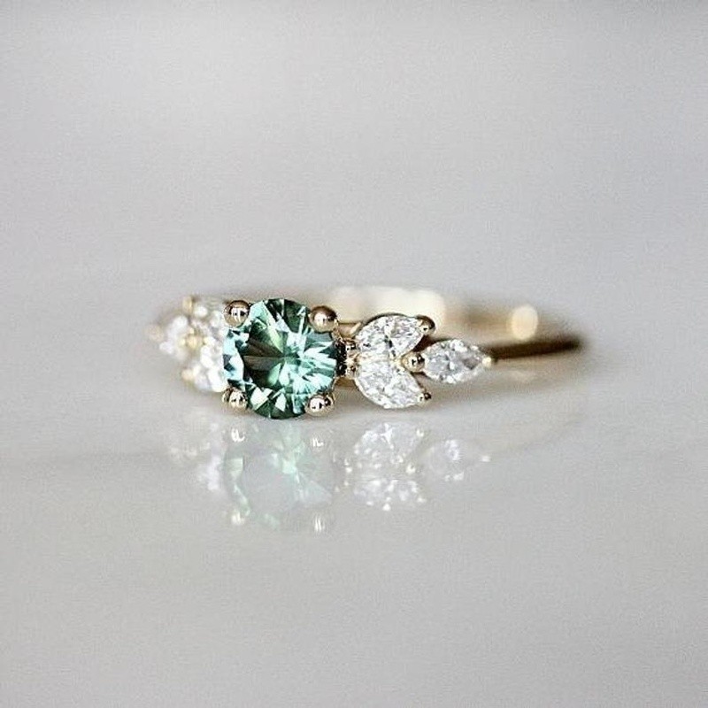 Classic Gold Color Ring for Women Gorgeous Metal Green Inlaid Stones Flower