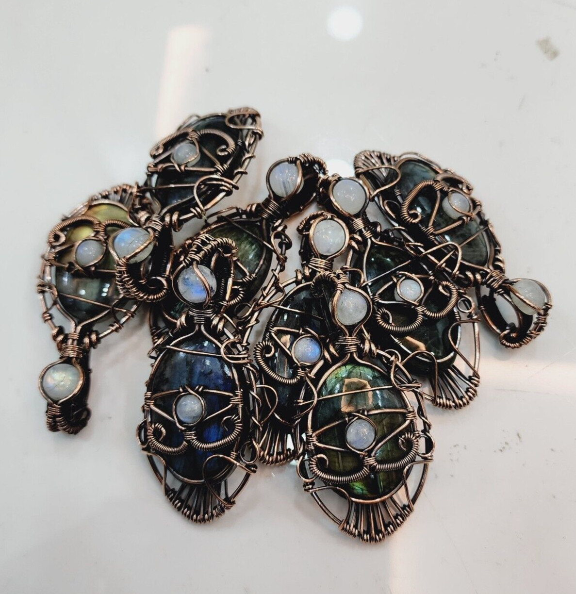 Labradorite Rainbow Moonstone Handmade Wire Wrapped Evil Eye Pendant Jewelry