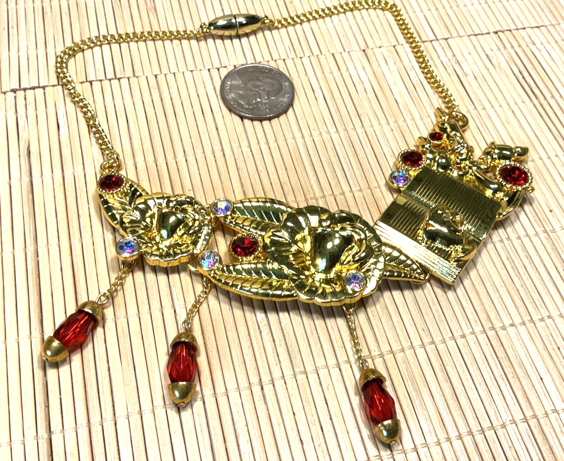 Fashion Necklace Gold Tone acrylic Ruby Drops Rhinestone Roses Choker Lot 103B