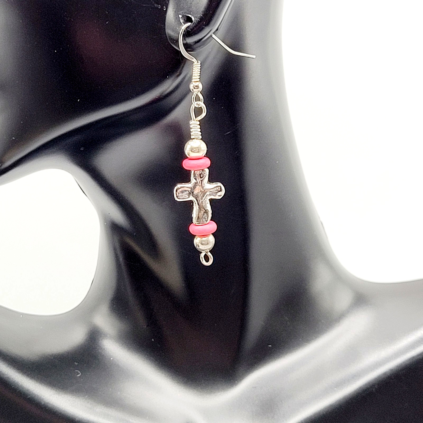Southwestern Silver Tone Cross w Pink Ceramic Bead Metal Hook Pierced Earrings