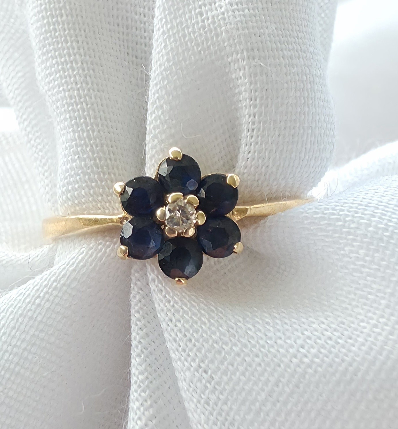 14k Solid Sapphire & Diamond Flower Cluster Ring Sz 6.5 Vtg Ring Everyday Wear