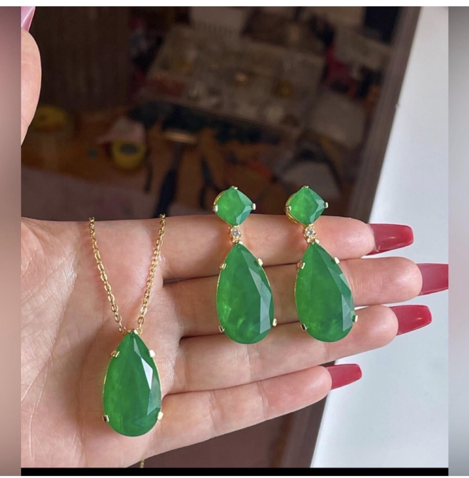 Green Pear 100% Zambian Emerald Necklace & Earrings Jewelry Elegant Teardrop