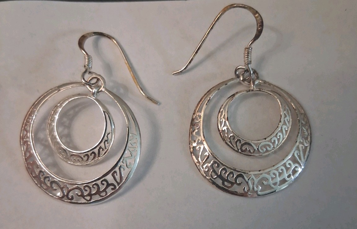 Vtg Sterling Silver Dbl Hoop Dangle Drop Hook Earrings Round .925