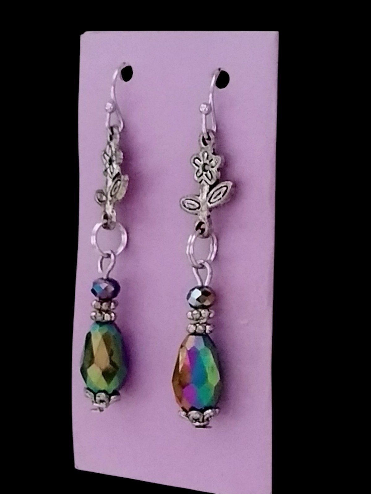Handcrafted IRRIDESCENT BEADS SILVERTONE FLOWERS Double-Sided Dangle Earrings