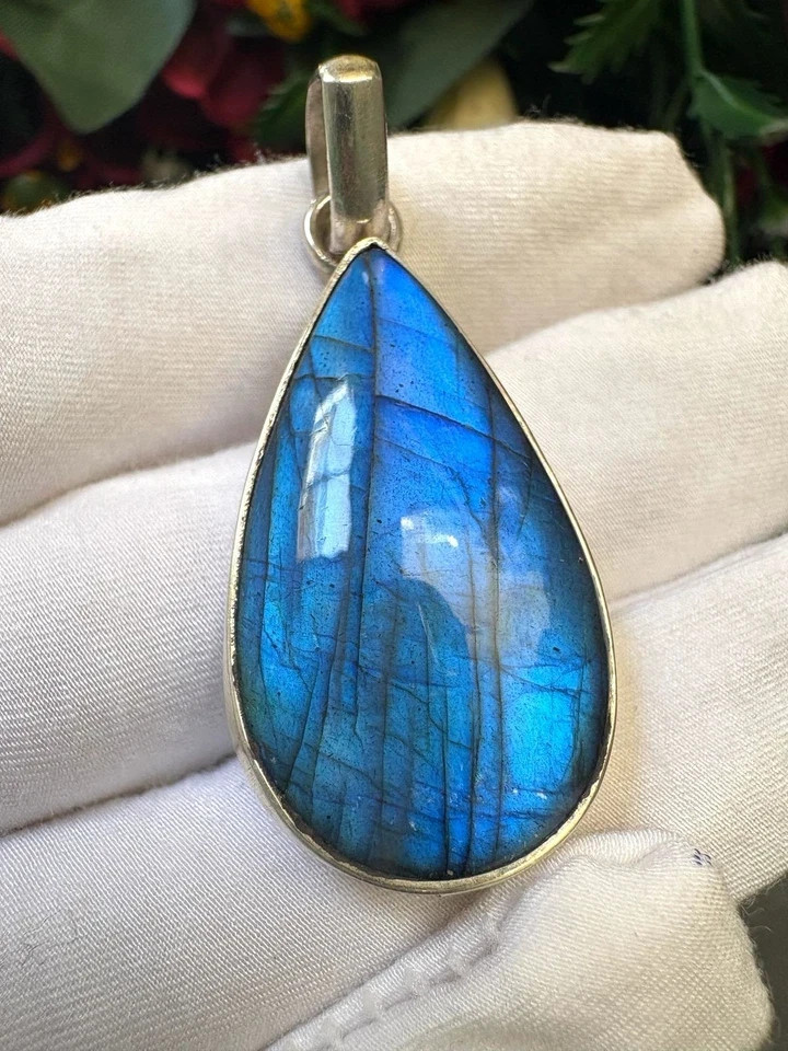Blue Flash Labradorite Pendant 925 Sterling Silver Teardrop Gemstone