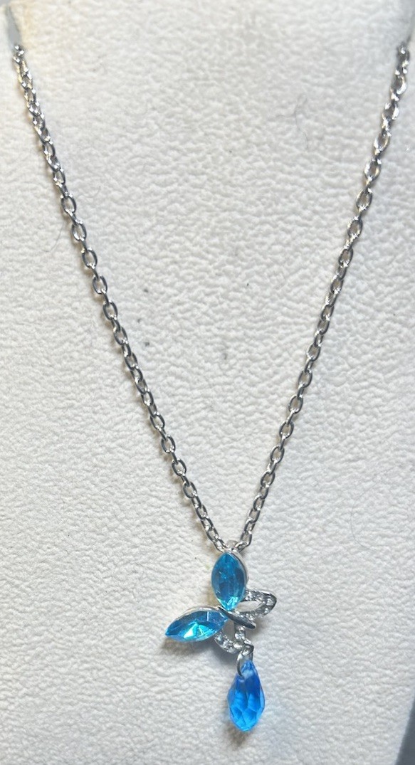 Aqua Butterfly With Dangle Gem Dainty Pendant, Silvertone Chain 20”