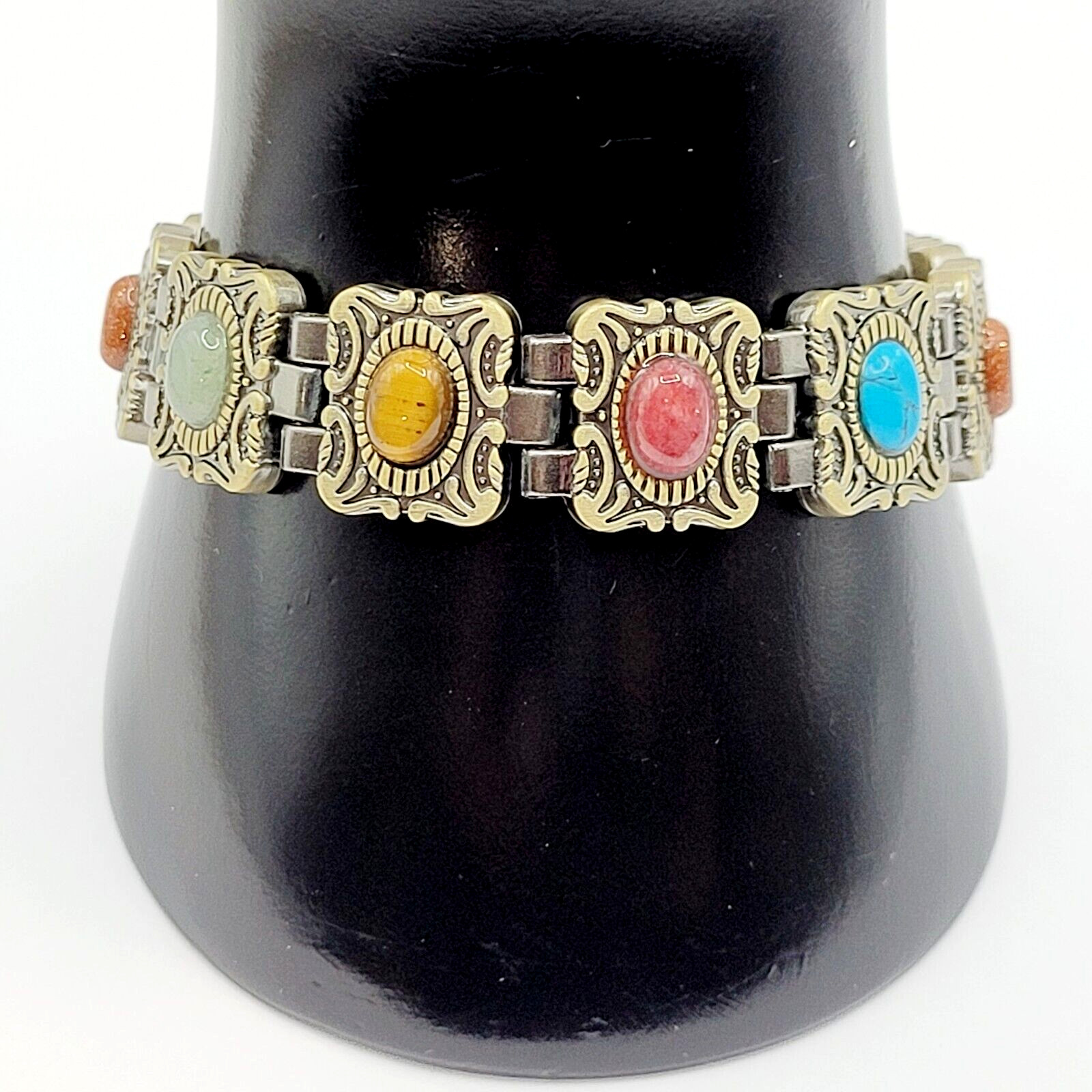 Ornate Western Style Multi Color Faux Gemstone Muted Gold Silver Tone Bracelet