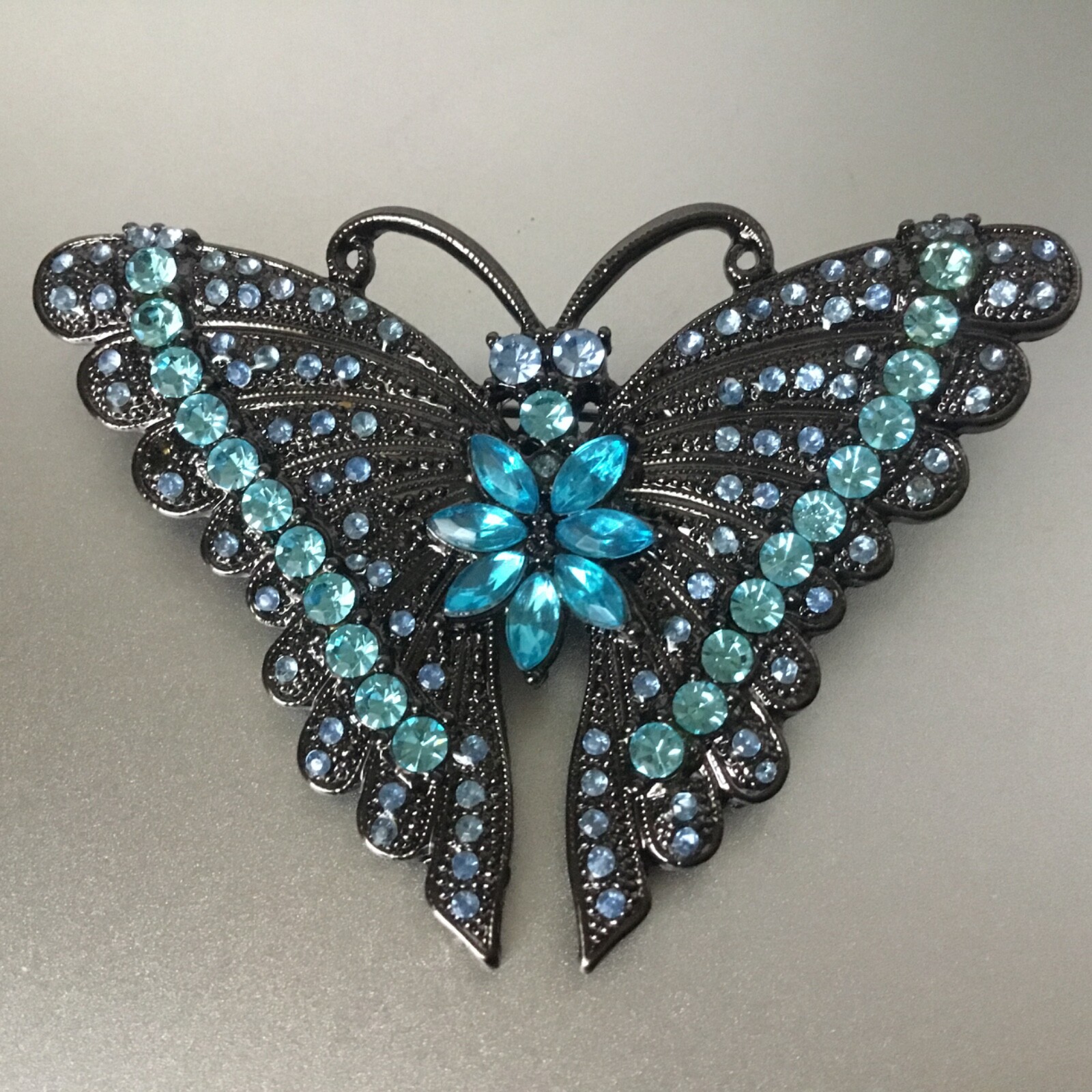 Butterfly Pin Pendant Black Metal Blue Pave Rhinestones