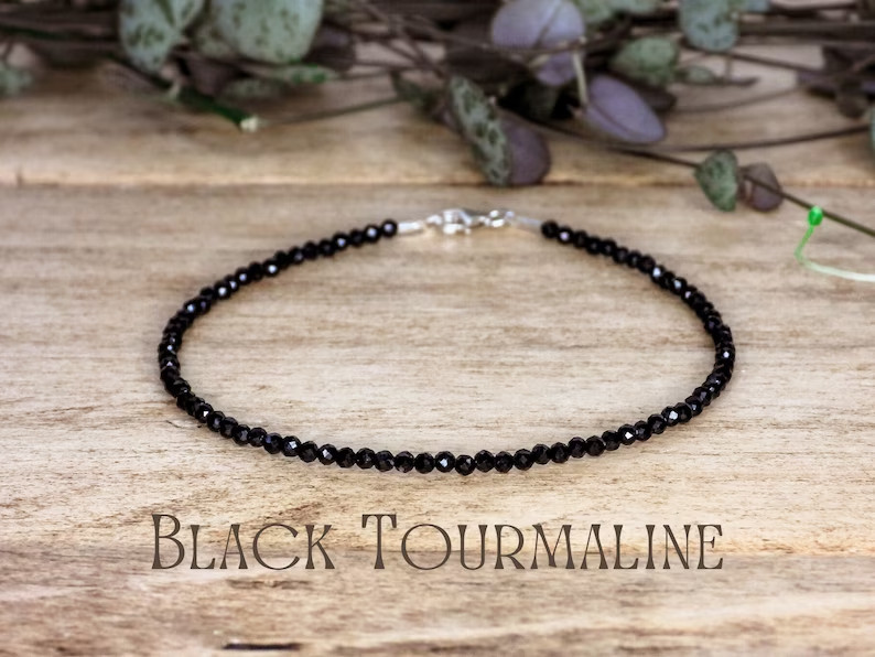 Black Tourmaline Dainty Tiny 2mm Bead Crystal Boho Healing Anklet for Women Gift