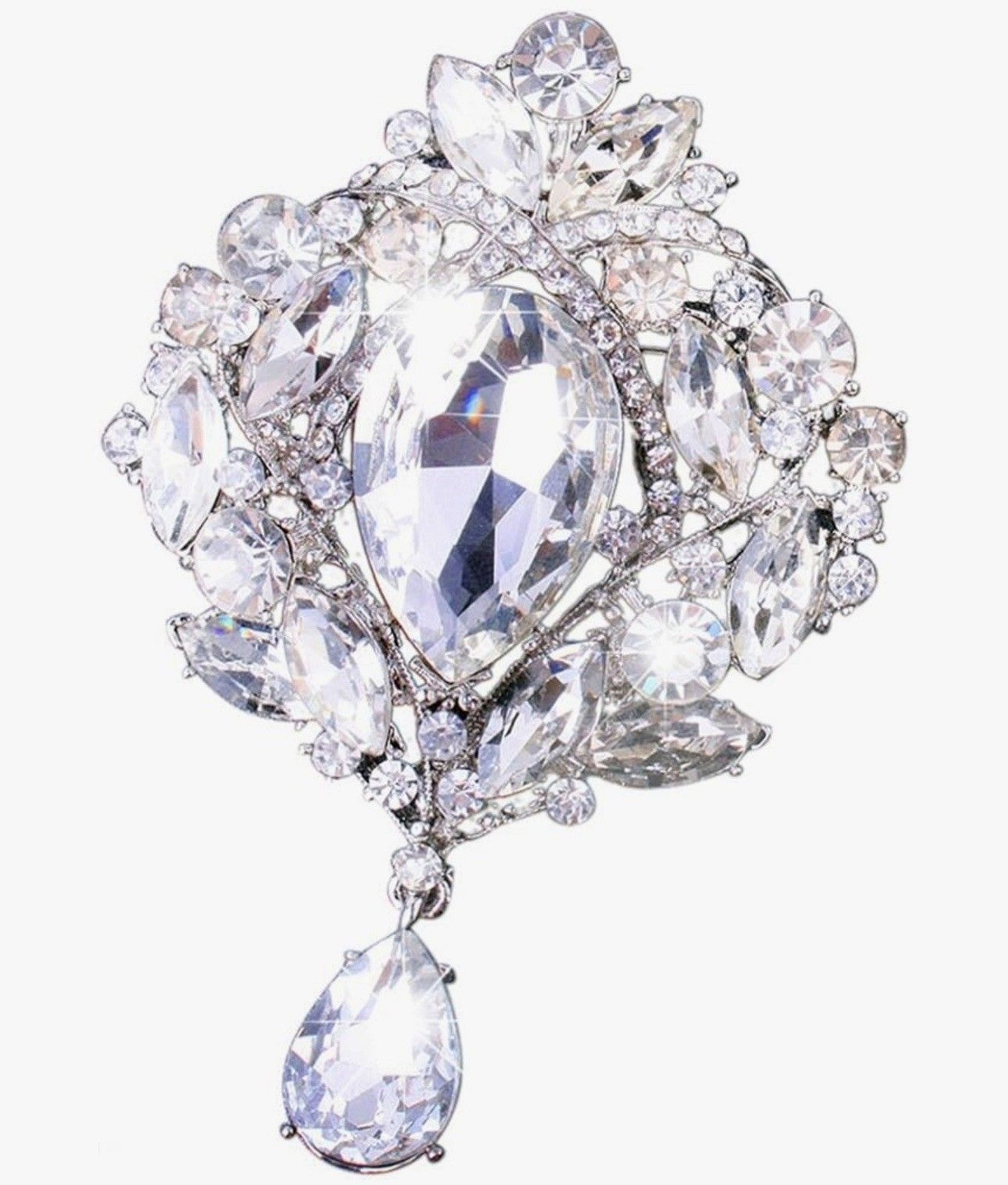 Crystal Pin Large Dangle Drop Bridal Bouquet Silver Tone Brooch Fashion DIY