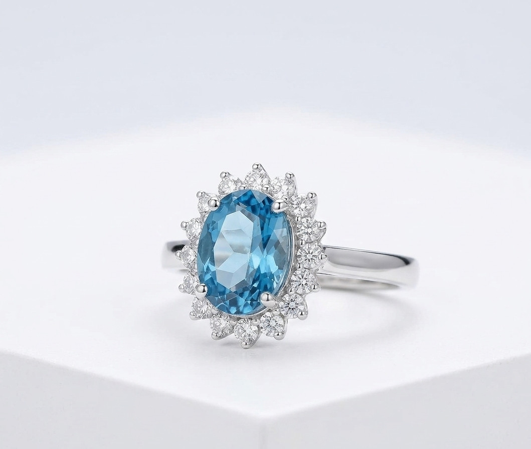 Oval London Blue Topaz Sunburst Halo Ring, Sterling Silver Engagement Ring