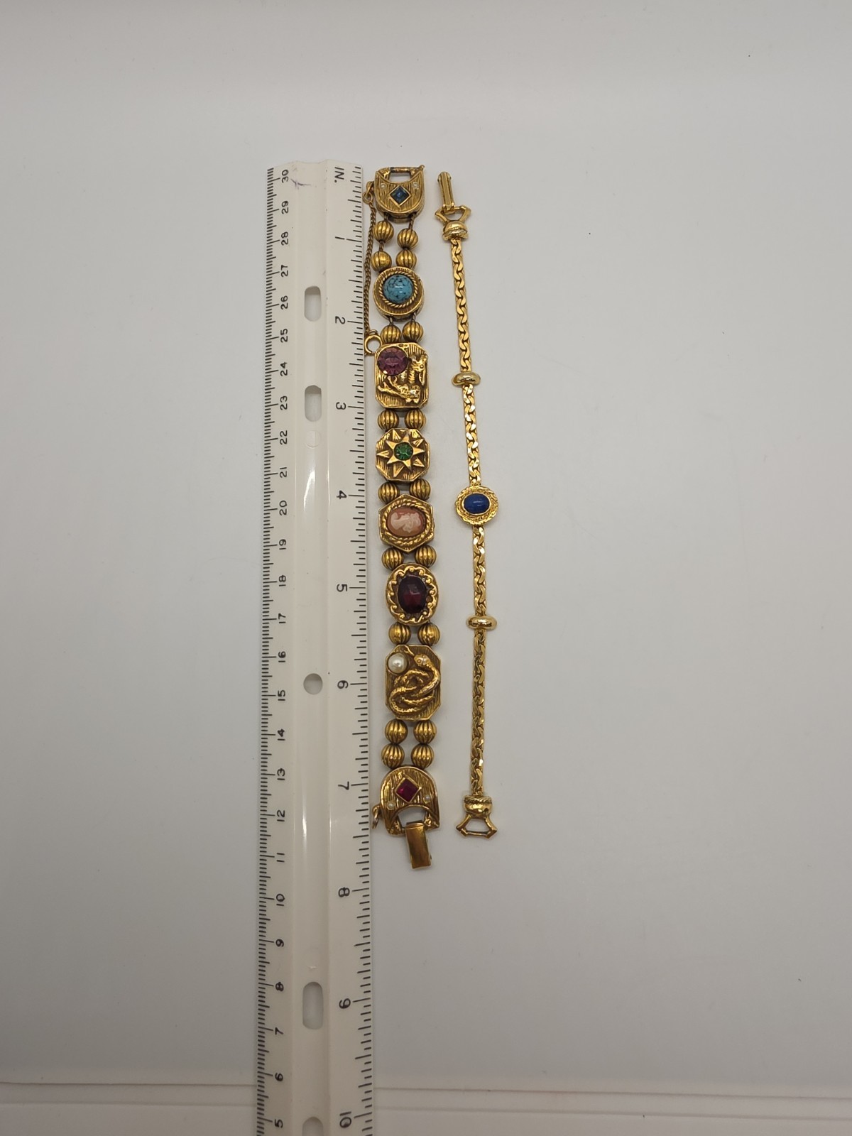 Vtg Lot Goldette Gold Tone Victorian Revival Two 8″ Bracelets & Clip-on Earrings