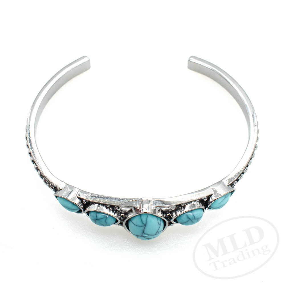 Turquoise Cuff Bracelet – Alloy Silver Tone Natural Stone Southwestern Style