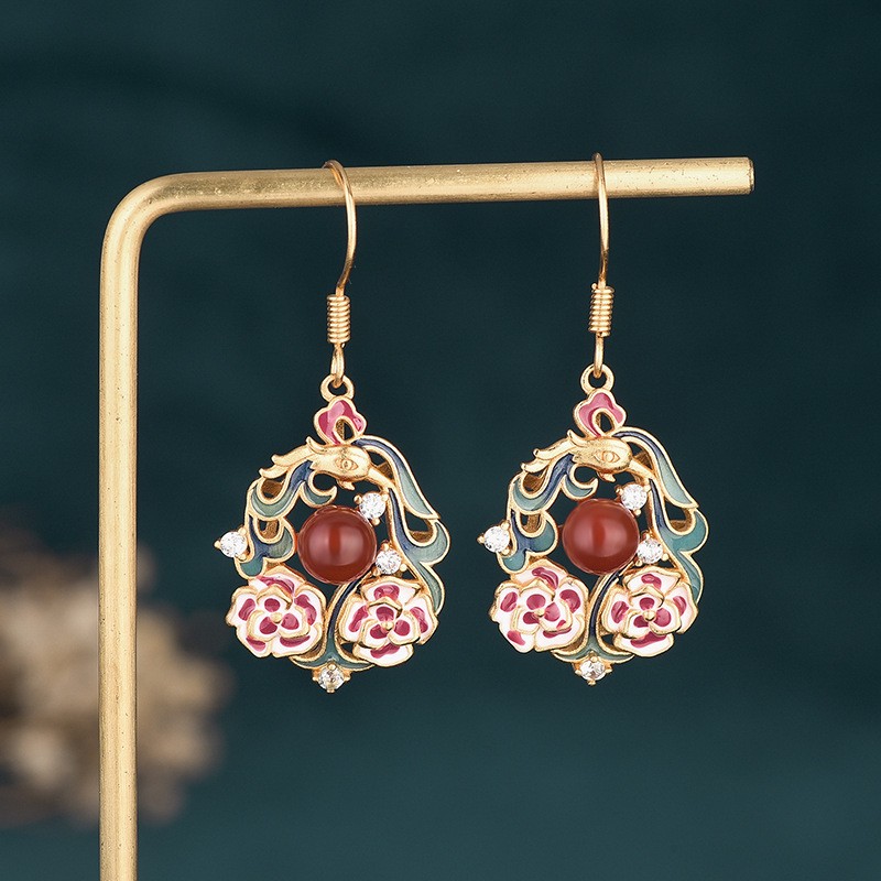 Painted Agate Drop Earrings Chinese Style Qipao Jewelry Womens Dangle
