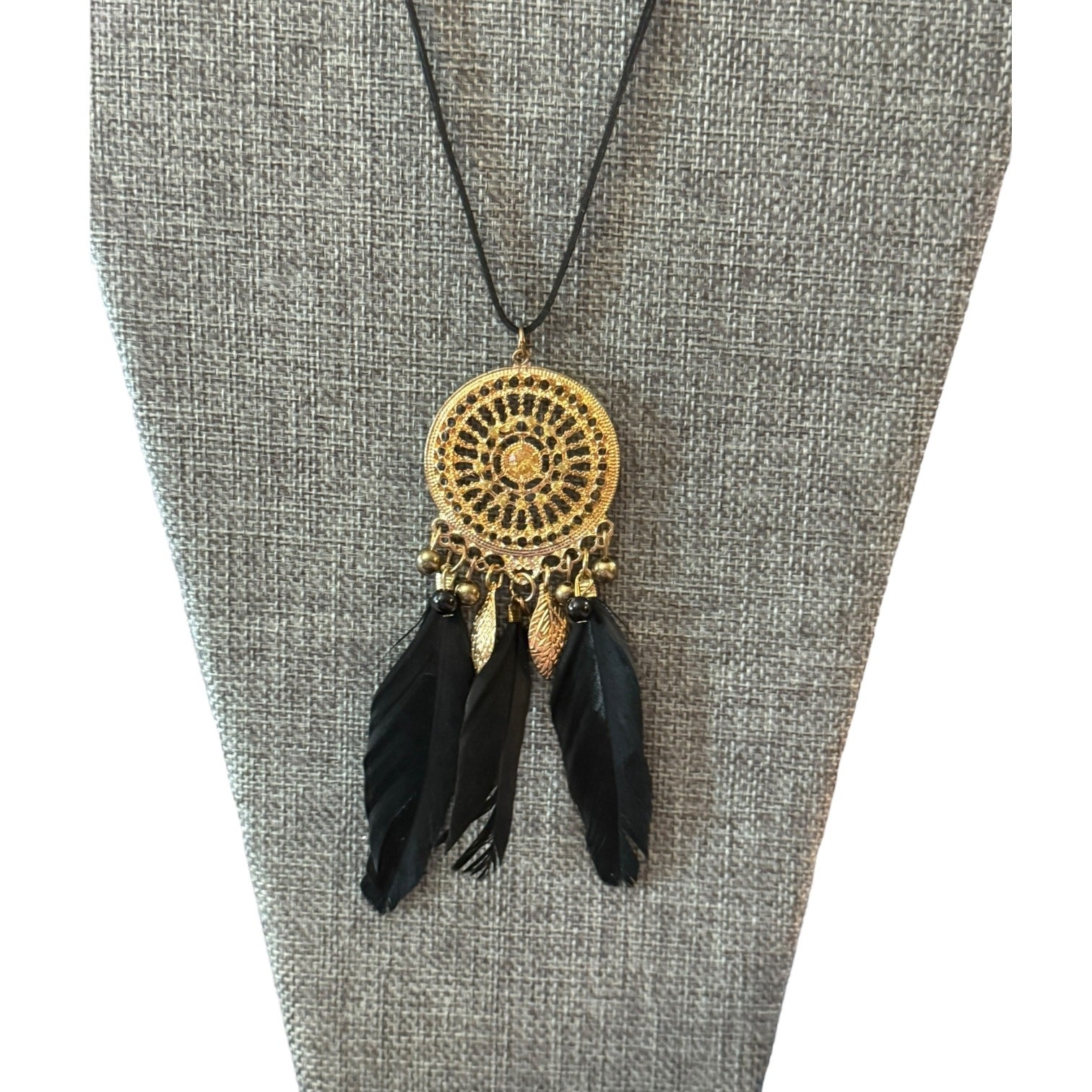 Black Feather Yellow Crystal Boho Gold Dreamcatcher Necklace