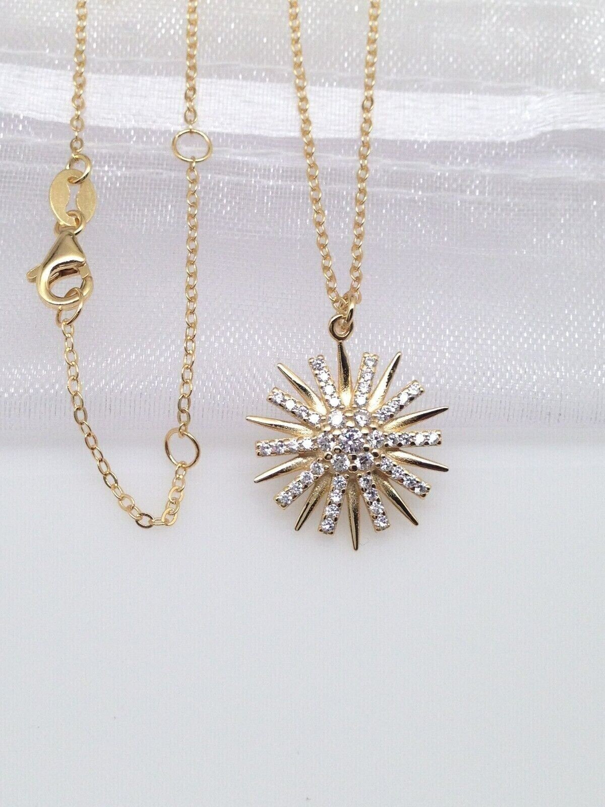 925 Sterling Silver CZ Gold Sunburst Sun Pendant Necklace Women 15mm 16-18″ Tiny