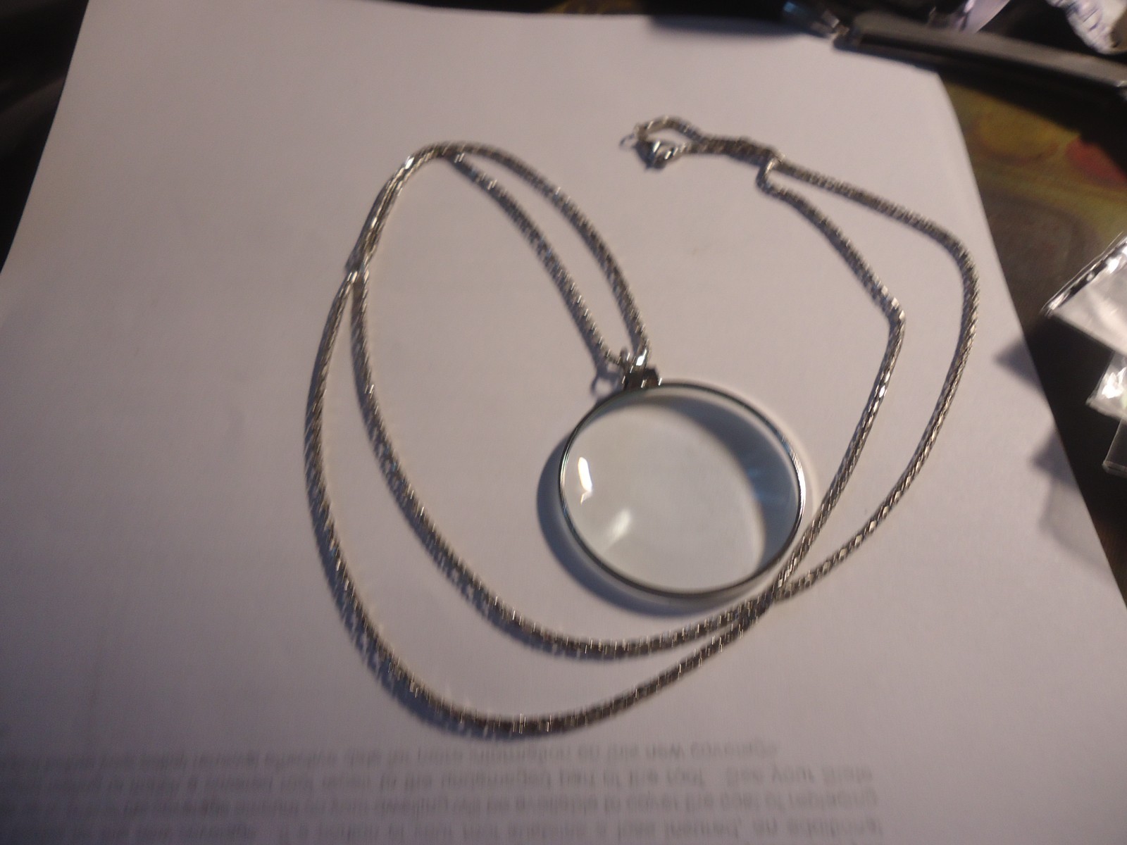5X Magnifier Reading Magnifying Glass Lens Pendant Necklace 36” silver plated.#