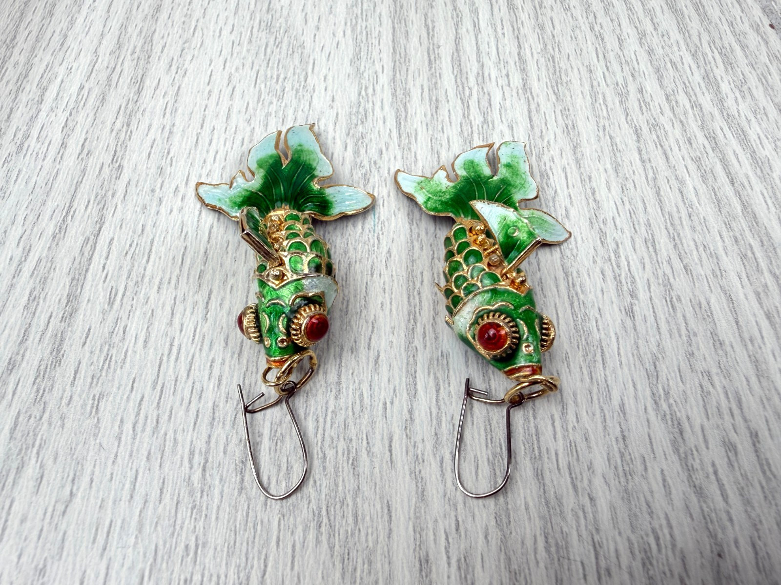 Cloisonne Guilloche Enamel Articulated Fish Green Blue Gold Red Eyes Earrings