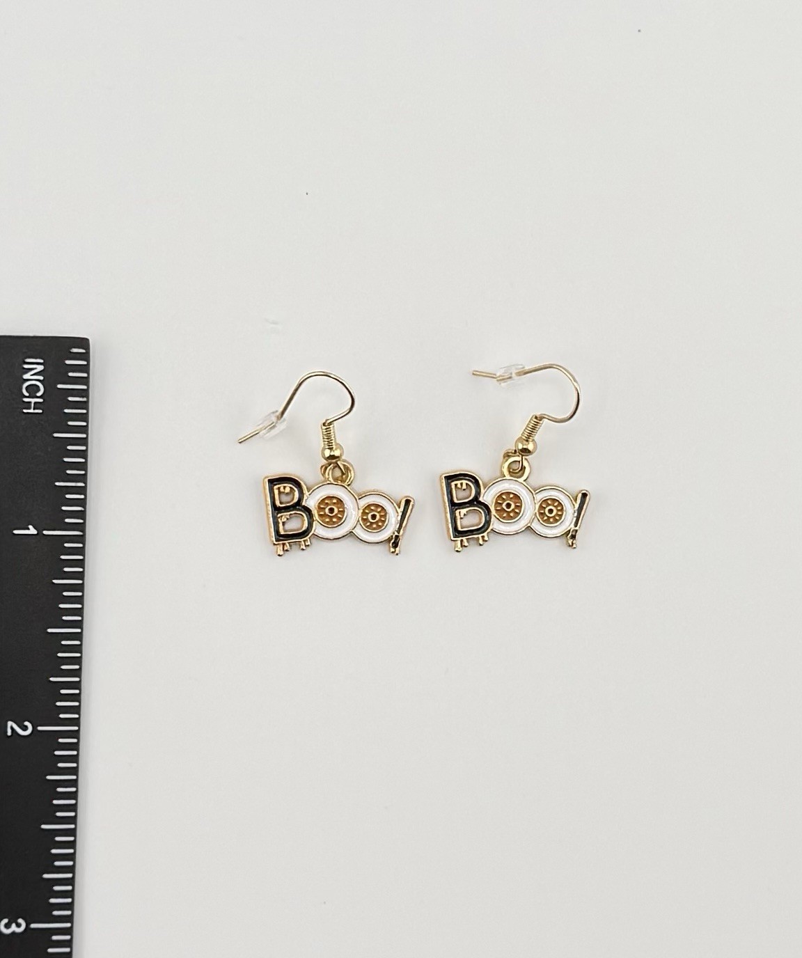 Gold Tone Enamel Boo! Dangle Drop Hook Earrings Black White Halloween
