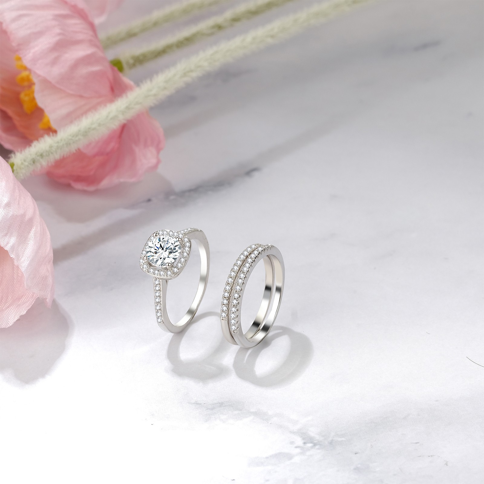 Couples Men Women Stainless Steel Ring Set Cubic Zirconia Stacking Wedding Band
