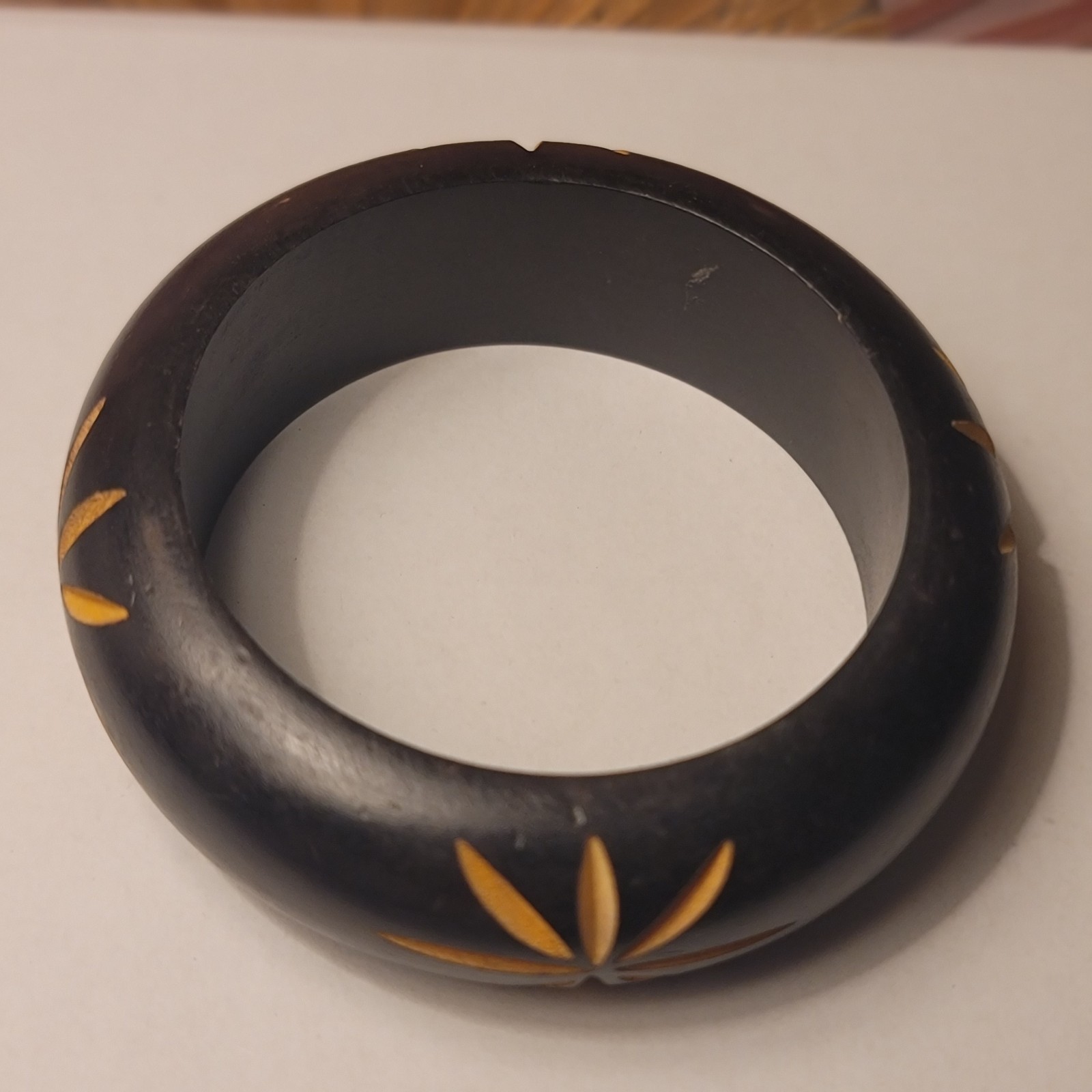 Bangle Bracelet Carved Etched Wood Dark Brown Size 8″ Inside