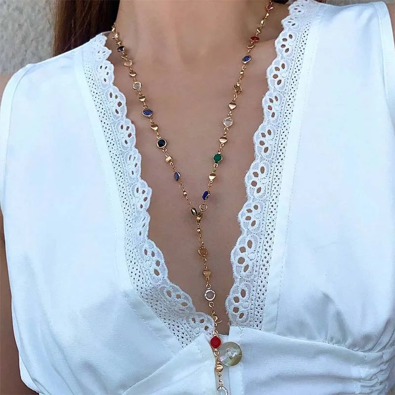 Luxury Heart Colourful Crystal Zircon Necklace for Women Shiny Rhinestone Long T