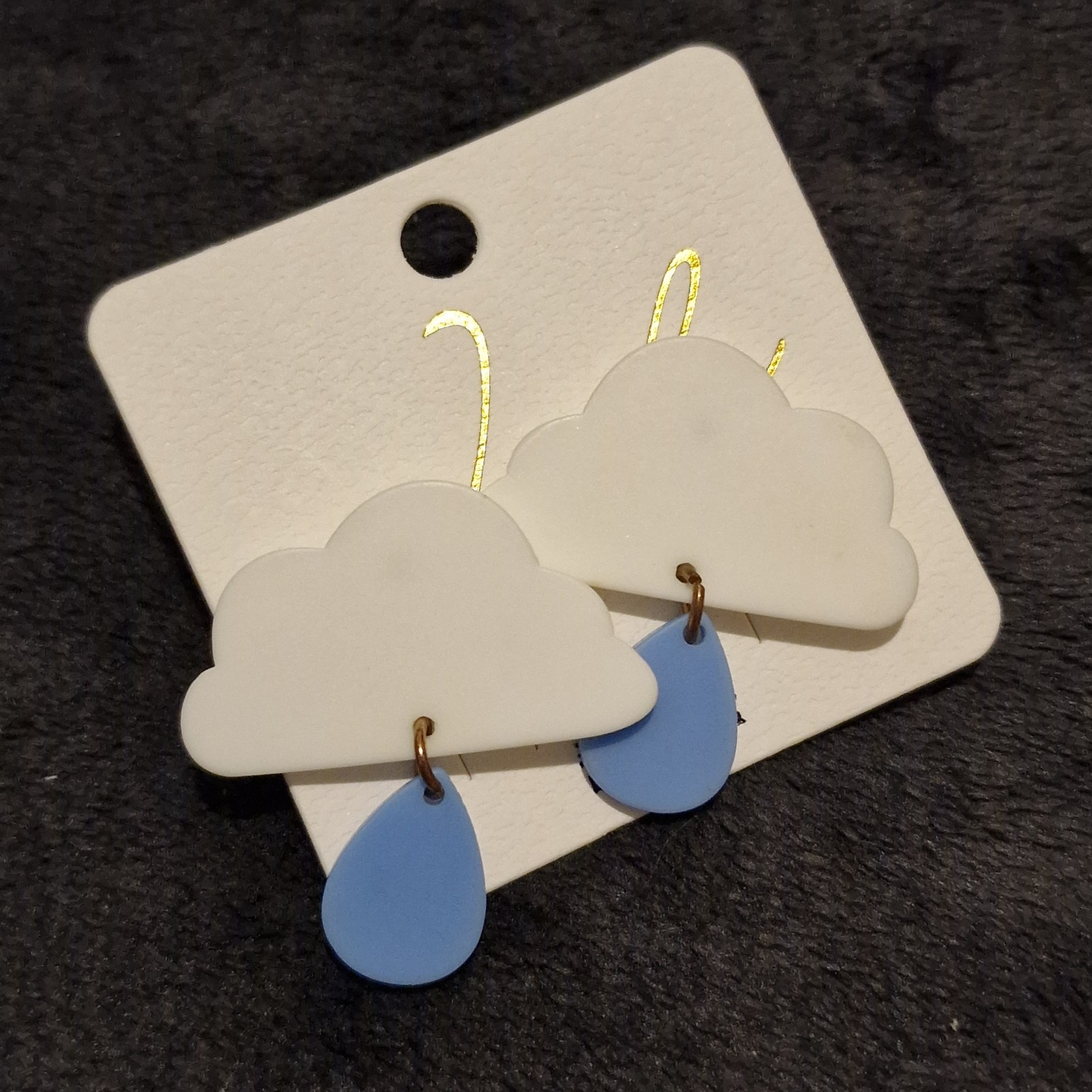 White Plastic Cloud w Light Blue Teardrop Raindrop Dangle Post Stud Earrings