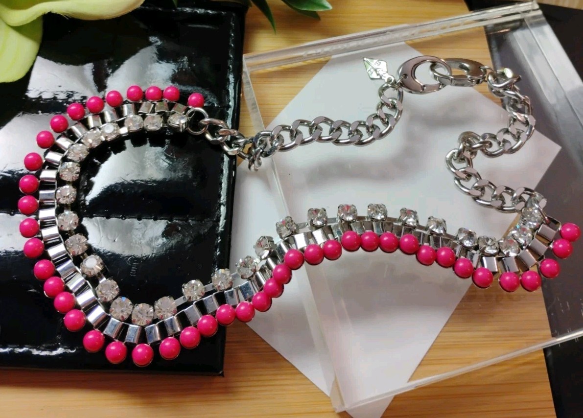Designer ADORNABLE U Silvery Hot Pink Gem w/Crystal Rhinestones 17″ Necklace!