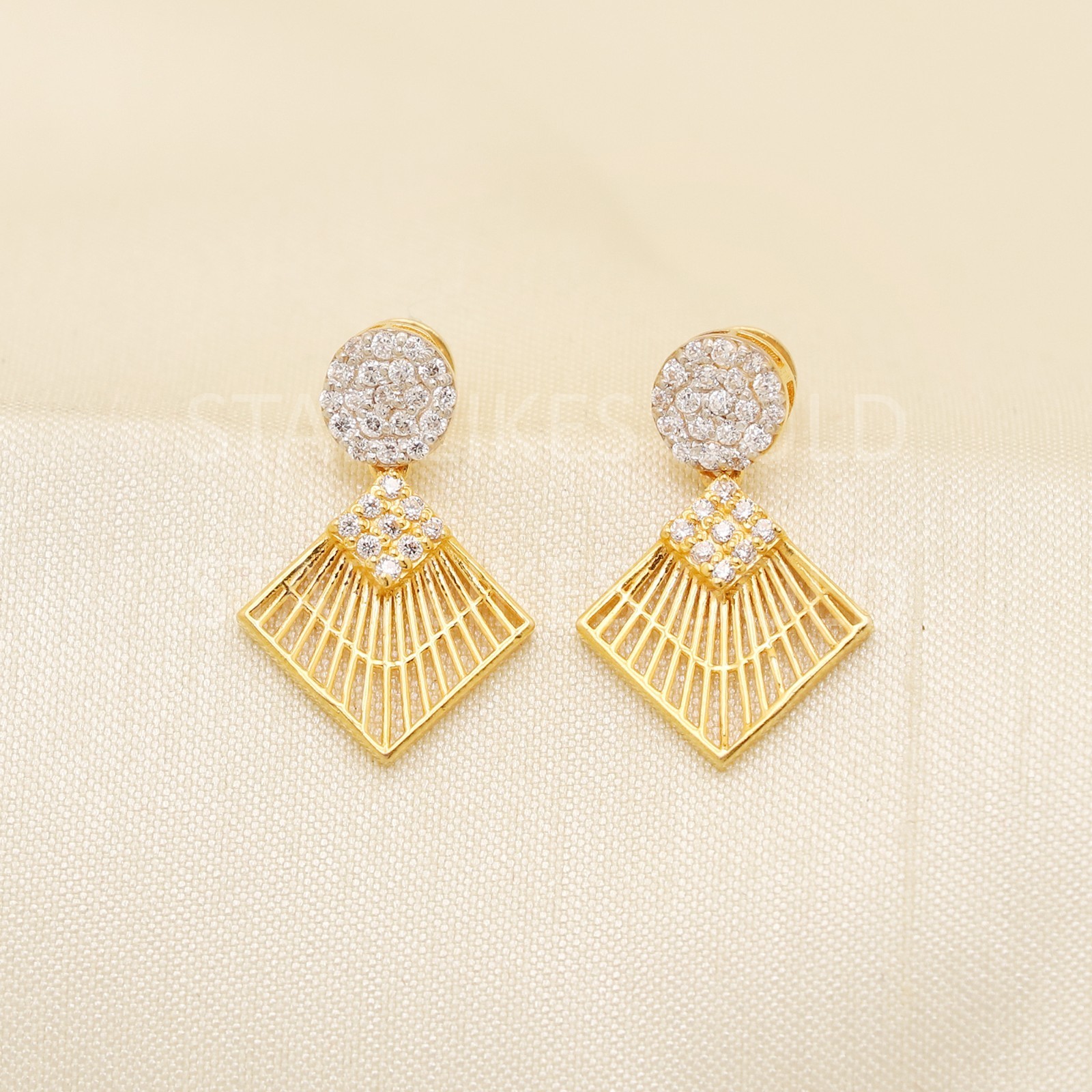 Solid 22k Yellow Gold CZ Geometric Fan Drop Earrings Two-Tone Jali Dangle