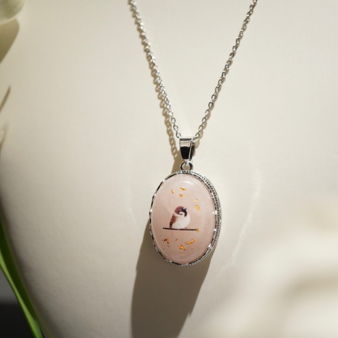 Rose Quartz Sparrow Necklace with Kanazawa Gold Leaf – October Birthstone, Japan