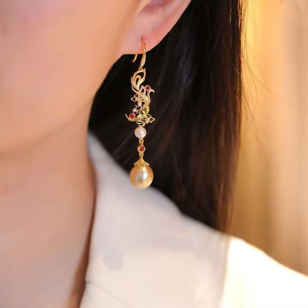 New Chinese Gold Filigree Enamel Phoenix Tassel Earrings Hanfu Cheongsam