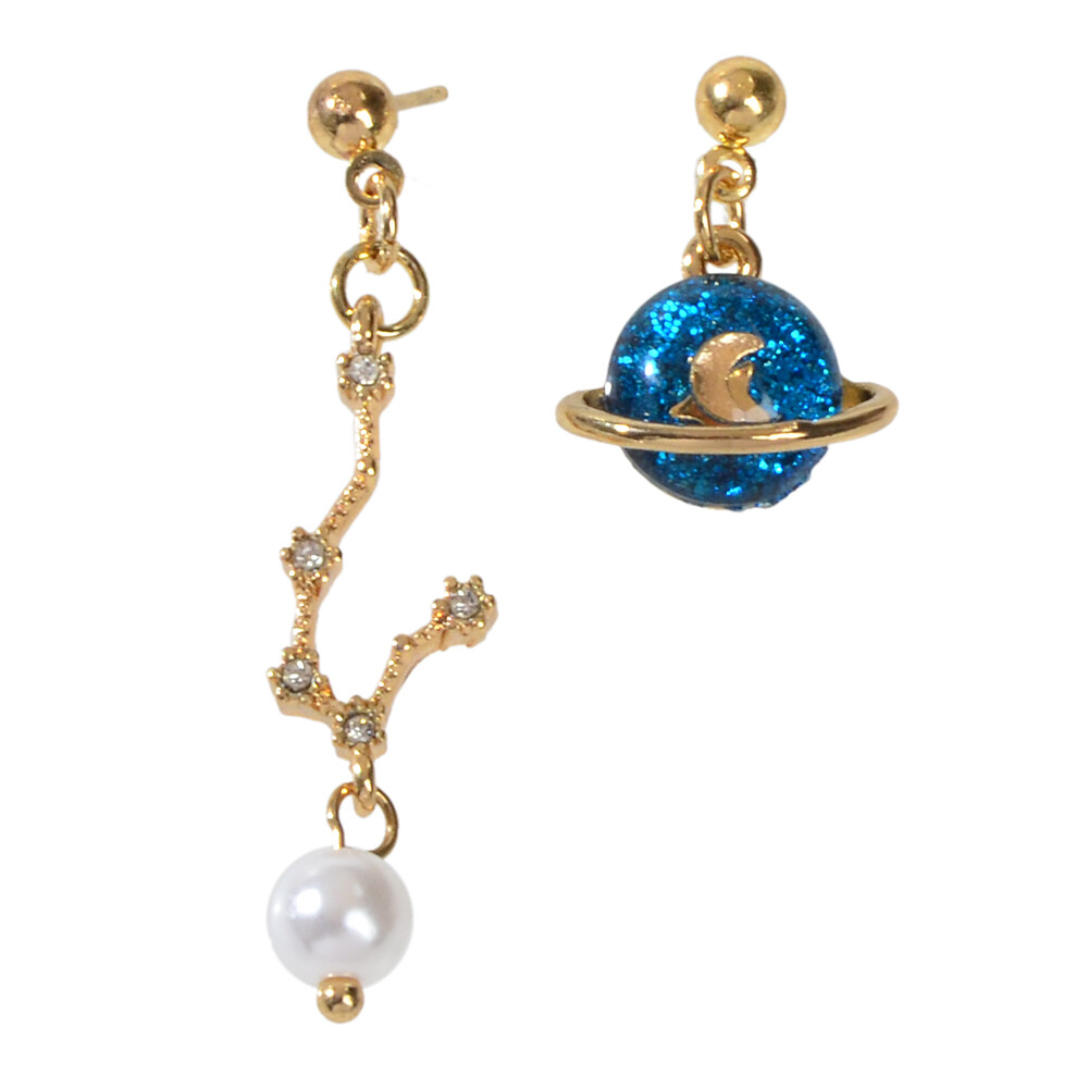 Good Quality Asymmetric Gold Metal Star Moon Pearl Charm Planet Dangle Earrings