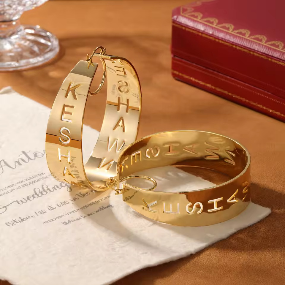 Custom Hollow Letters Name Earrings Pair Jewelry Hoop Round Stainless Steel Gold
