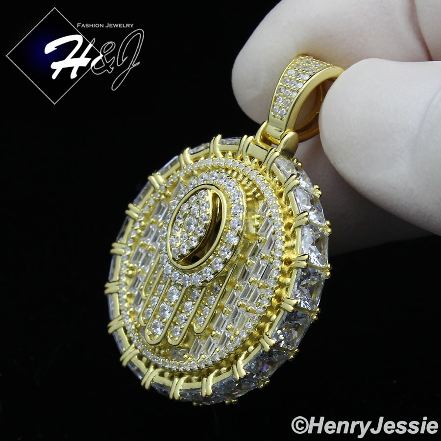 925 STERLING SILVER CUBIC ZIRCONIA GOLD PLATED EVIL EYE HAMSA ROUND PENDANT*G367