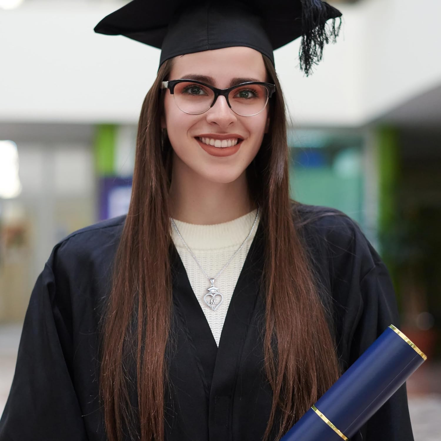 Graduation Gift for Her 2026, 14K White Gold Plated CZ Graduation Cap Heart Pend