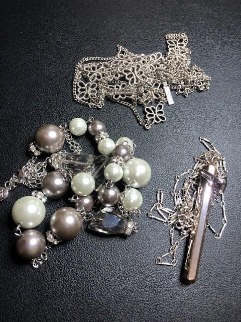B1797 Lot of 3 silvertone necklaces Lia sophia / other branded long faux pear