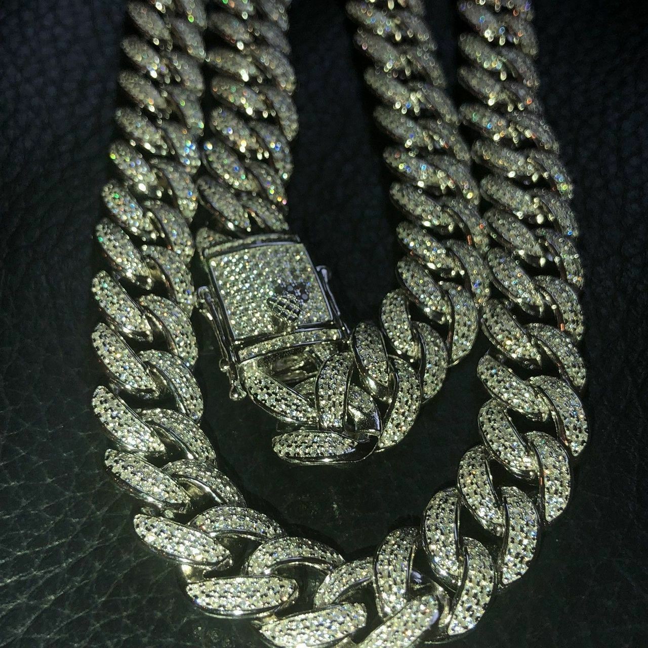 Mens Cuban Miami Link 12mm Chain 925 Silver 40-60ct Simulated Diamonds 18-30″